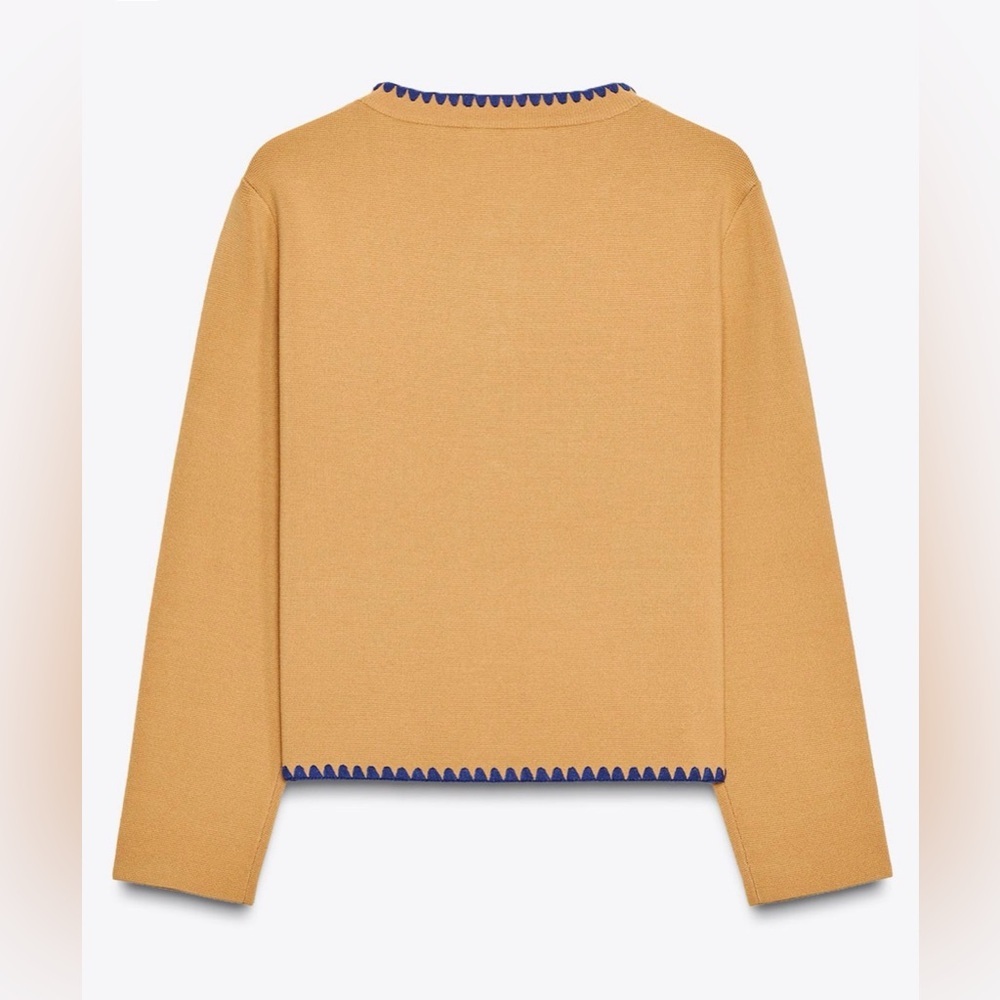 Zara Contrast Embroidery Knit Cardigan Camel Blue Trim Size Large NWT - Picture 7 of 15